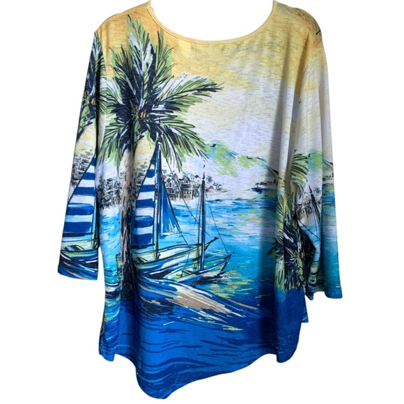 Alfred Dunner Women's Top Size XL Rhinestone Elements Palm Trees Boats Blouse - Picture 4 of 5